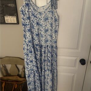 Blue and White Floral Tie-Shoulder Maxi Dress